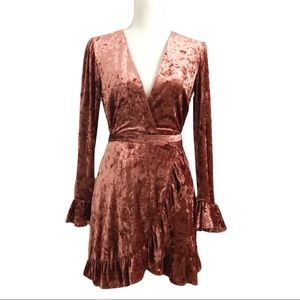 STORIA PINK RUFFLE VELVET WRAP MINI PARTY DRESS - SMALL